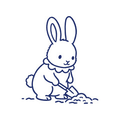 Fototapeta premium Minimalist vector of a bunny digging with a spade. Cute animal character gardening, blue line art isolated on white.
