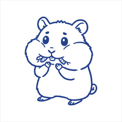 Vector illustration of a hungry hamster stuffing its cheeks. Minimalist blue line art, cute chubby animal concept isolated on white.