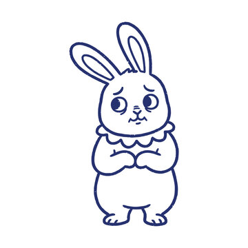 Vector illustration of a nervous sweating bunny. Minimalist blue line art, cute anxious rabbit character isolated on white.