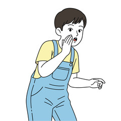 A young boy in blue denim overalls whispering and looking surprised as he shares a secret. Flat design pastel illustration of childhood friendship.