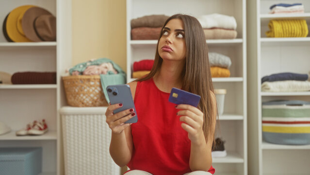 Young hispanic woman holding smartphone and credit card in dressing room rolls eyes and glances aside; payment frustration.