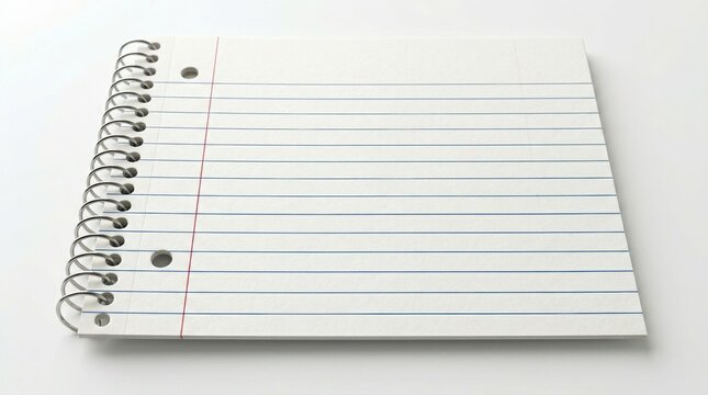 Perspective view of a single clean ruled spiral notebook sheet showing the wire binding and a perfectly flat paper surface.