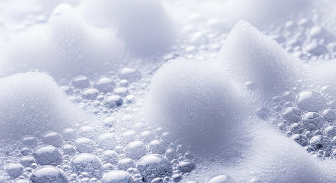 Abstract macro view of thick white soap suds and pure water bubbles, symbolizing deep sterilization, hygiene, and germ protection, suds, gel, protection