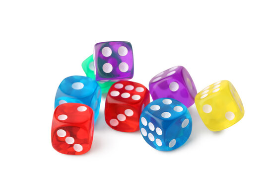 Many colorful game dices on white background