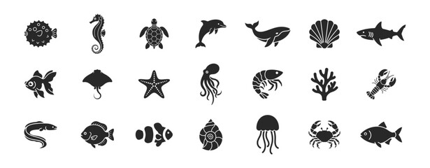 Fish marine animals collection ocean silhouette icon on transparent background © Виталий Опришко