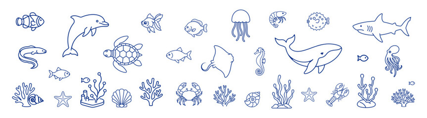 Marine animals set ocean line outline icon on transparent background © Виталий Опришко