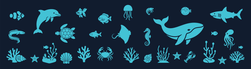 Marine animals set ocean silhouette blue icons on dark background © Виталий Опришко