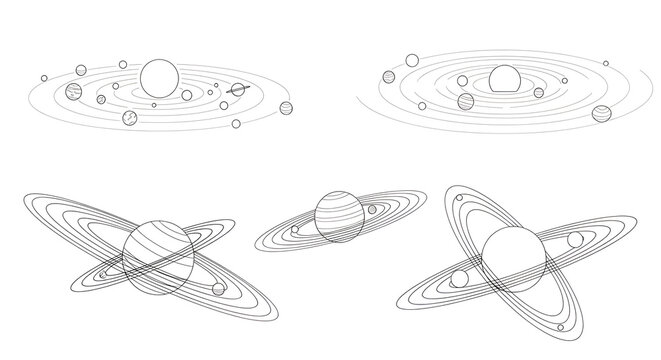 Minimalist Line Art of Planetary Systems and Solar System Orbits on White Background