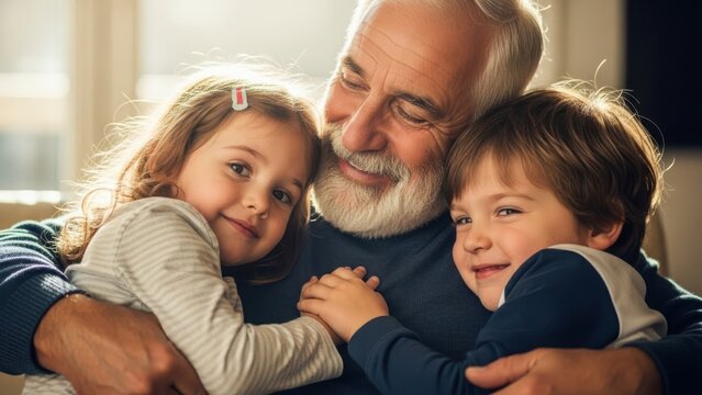 Happy Grandfather Hugging Grandchildren with Warm Sunlight isolated on Transparent Background