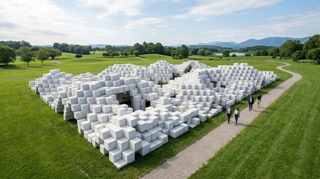 Rhythmic pattern of white 3D cubes stacked in a structured and architectural geometric arrangement on a clean field. This