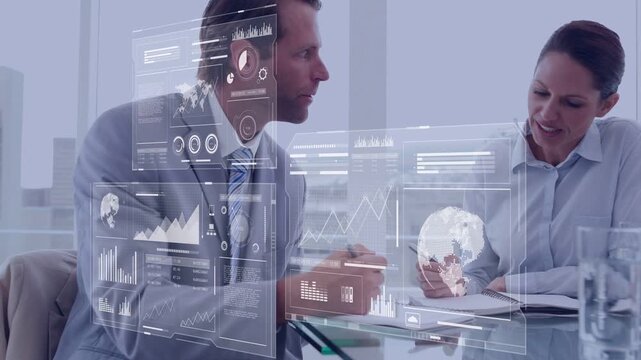 Man leaning forward gesturing, two coworkers pointing charts and writing next steps for data review