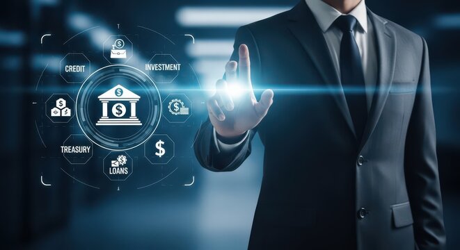 Businessman interacting with digital banking and financial services interface