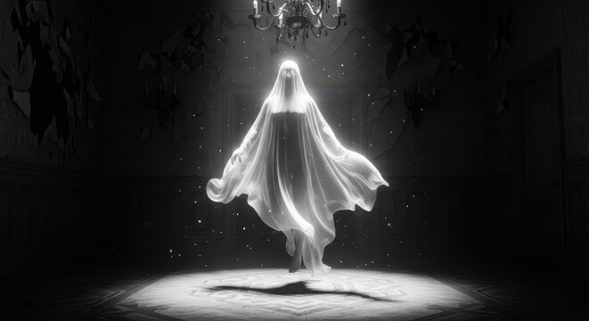 Eerie black and white image capturing a spooky apparition floating silently through a haunted, forgotten space, invisible, apparition, terrifying
