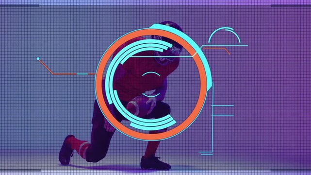 Football player holding ball in set, cyan marker appearing, expanding HUD, kneeling for analytics