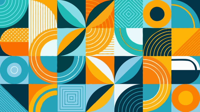 bauhaus, geometric, pattern, abstract, teal, orange, yellow, colorful, circle, square, triangle, semicircle, grid, mosaic, retro, vintage, modern, bold, graphic, design, background, wallpaper, texture