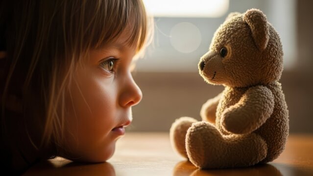 Child's gentle gaze connects with beloved teddy bear companion
