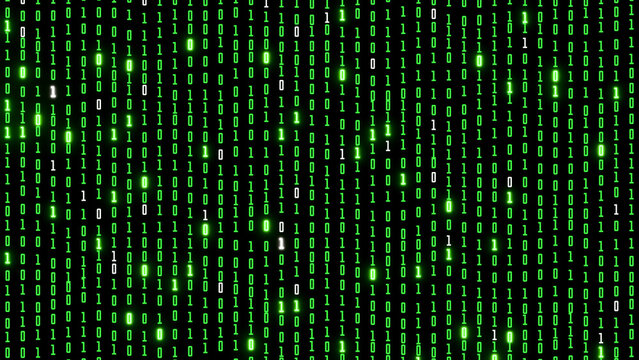 Luminous green and white binary numbers cascade vertically on black background creating an immersive matrix data stream. Cyberpunk and hacker concepts.