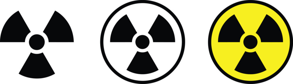 Three variations of the international biohazard symbol representing radiation danger