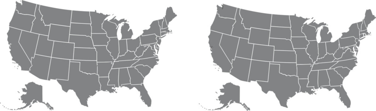 Two grayscale outlines of the united states including alaska side by side