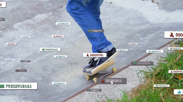 Sports skater rolling to coping shifting and dropping into bowl while labels growing toward center