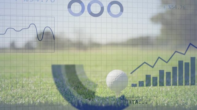 Vertical video: Golfer starting swing club hitting ball HUD collecting shot data for golf analysis