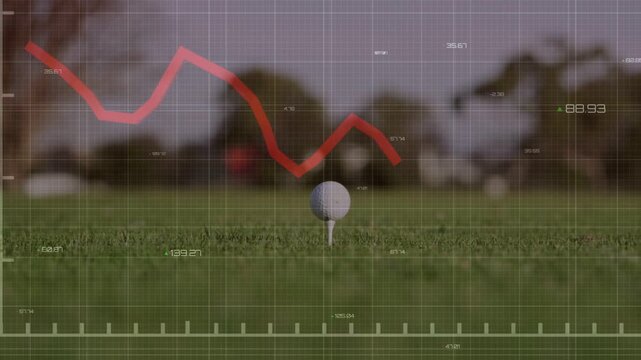 Golf ball on tee, driver pulling back causing red graph animating and measuring swing data