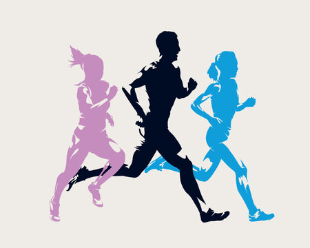 Run, running people. Group of man and women. Marathon runners. Isolated abstract vector silhouette