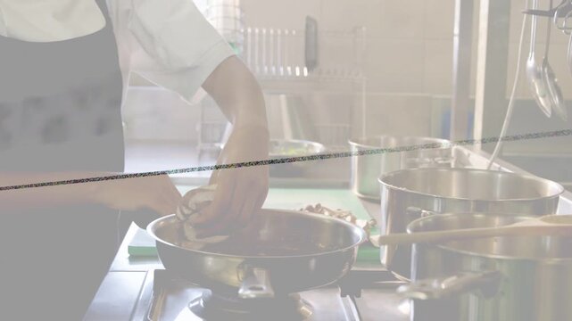 Chef placing pan on stovetop in kitchen, reaching for ingredient and pressing to seat for searing