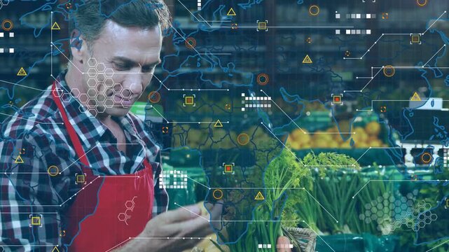 Market worker arranging basket produce, placing veggies causing HUD grid, checking squash quality