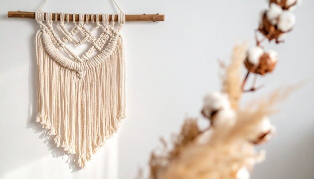 Bohemian macram&eacute; wall hanging with triangular knots and fringes on wooden dowel, pampas grass decor, minimalist natural design against white background.