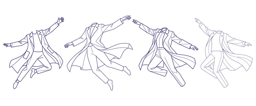 Headless men in dynamic poses wearing long coats line art illustration for fashion design projects and concept sketches.