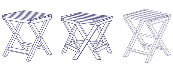 Obraz premium Wooden folding stool set with various perspective views and construction details for outdoor camping and home furniture.