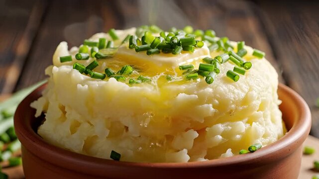 Delicious Mashed Potatoes with Butter and Chives in a Bowl.