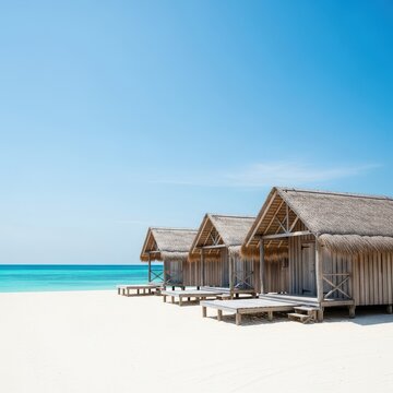 Rustic wooden shacks nestled on pristine white sand beside turquoise ocean water under a bright blue sky, perfect for vacation, travel, sunny, water