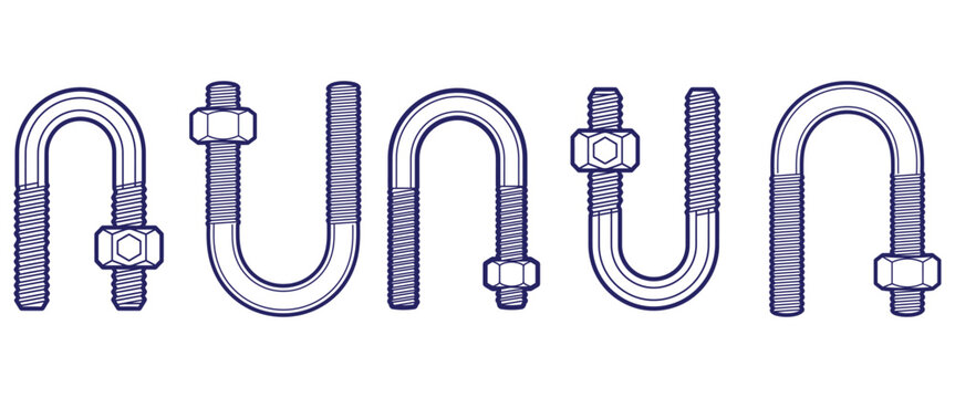 Industrial u bolt hardware collection featuring threaded rods and hexagonal nuts in various positions for construction.