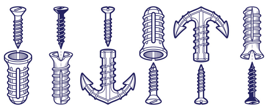Wall anchor and screw fasteners collection showing various plastic plug types and metal screws for drywall installation.