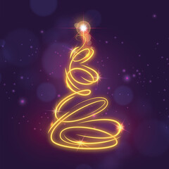 Obraz premium Glowing Golden Christmas Tree Made of Light Swirl on Purple Background, Magical Holiday Celebration Design, Sparkling Festive Winter Greeting Illustration