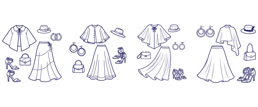 Women fashion outfit combinations showing four sets of stylish clothing pieces including skirts capes hats and heels.