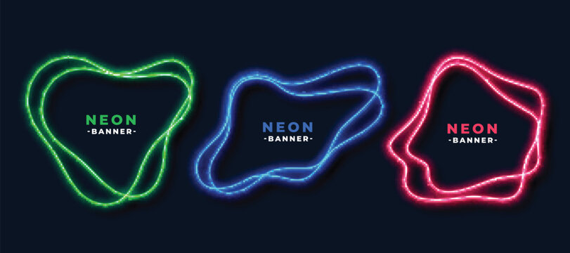 Set of Neon Glowing Frames in Green Blue and Pink Colors on Dark Background, Abstract Light Shapes for Banner, Logo Mockup, Social Media Template, Futuristic Design Elements
