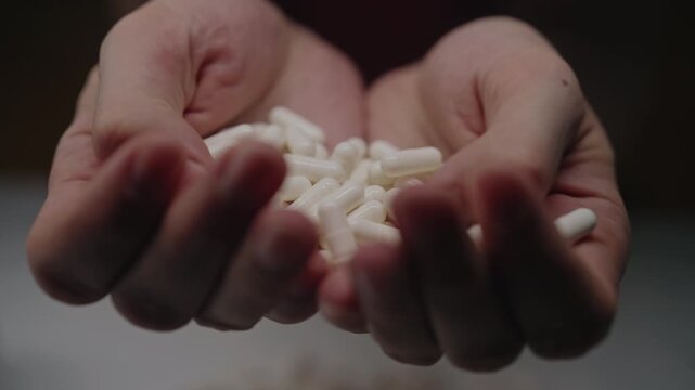 Many white capsules falling into open palms, concepts like medical treatment, pharmaceutical industry, healthcare, vitamin supplements, drug abuse, and health issues, close-up, slow motion.