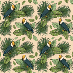 Fototapeta premium Toucan birds among tropical leaves seamless pattern
