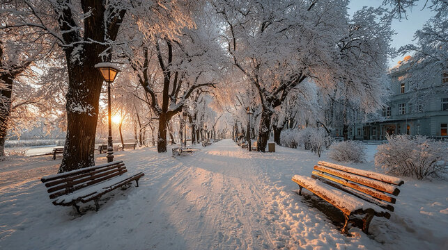 Winter park scene with bare trees, snow-covered benches, and sunlight reflecting on snow, highlighting peaceful outdoor scenery, seasonal environment, and serene winter landscape concept.
