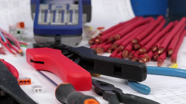 Electrical Installation Tools and Materials for Electrical Switchboard Assembly. 