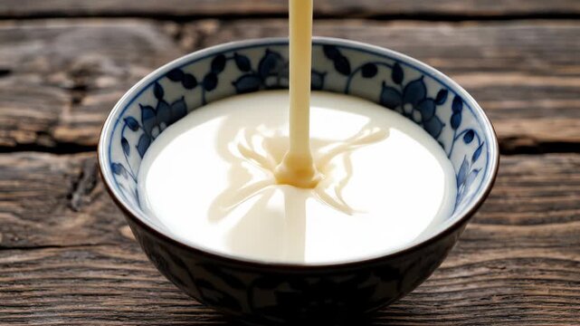 Thick sweetened condensed milk being poured into a decorative blue and white patterned ceramic bowl on a rustic wooden table