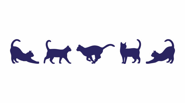 Cat silhouettes in various playful and stretching poses on a white background