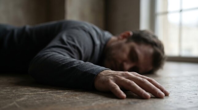 A young man wearing a grey long sleeve shirt lies on the wooden floor appearing unconscious or very deeply exhausted