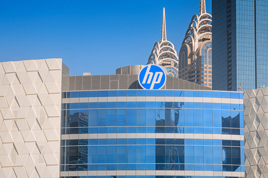 14 January 2026, Dubai, UAE: HP sign on an office building against a blue sky, reflecting city architecture. Represents global business and technology