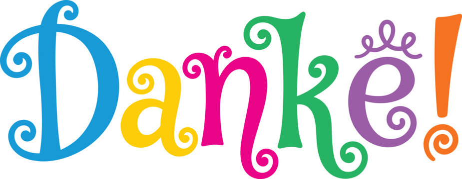 Colorful vector illustration showing the german word danke designed with stylized vibrant letters and decorative swirls for creative graphic projects
