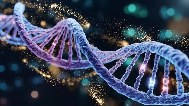 Abstract 3D DNA Helix Structure with Glowing Particles.