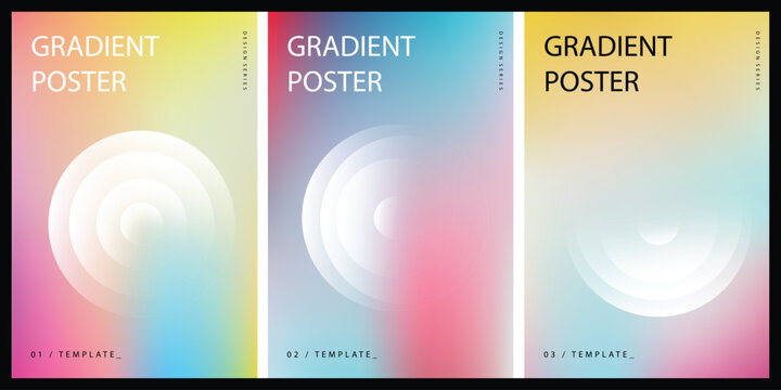 Set of three abstract gradient poster templates featuring concentric circles and soft color transitions on a white background with overlaid text